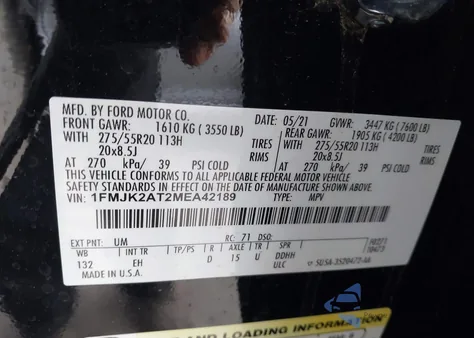 2021 Ford Expedition Limited Max z USA, uszkodzony, nr VIN 1FMJK2AT2MEA42189